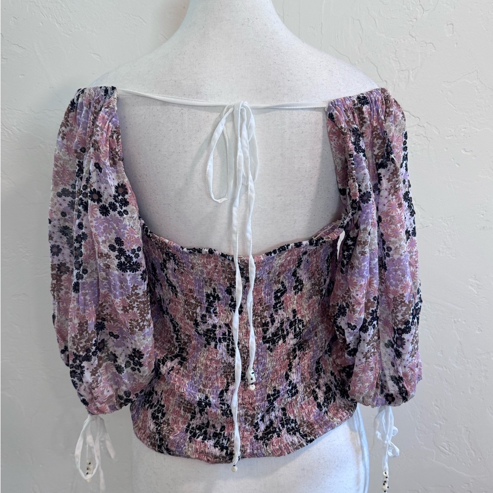 Free People Floral Crop Top Smocked Peasant Blouse Cottagecore Festival